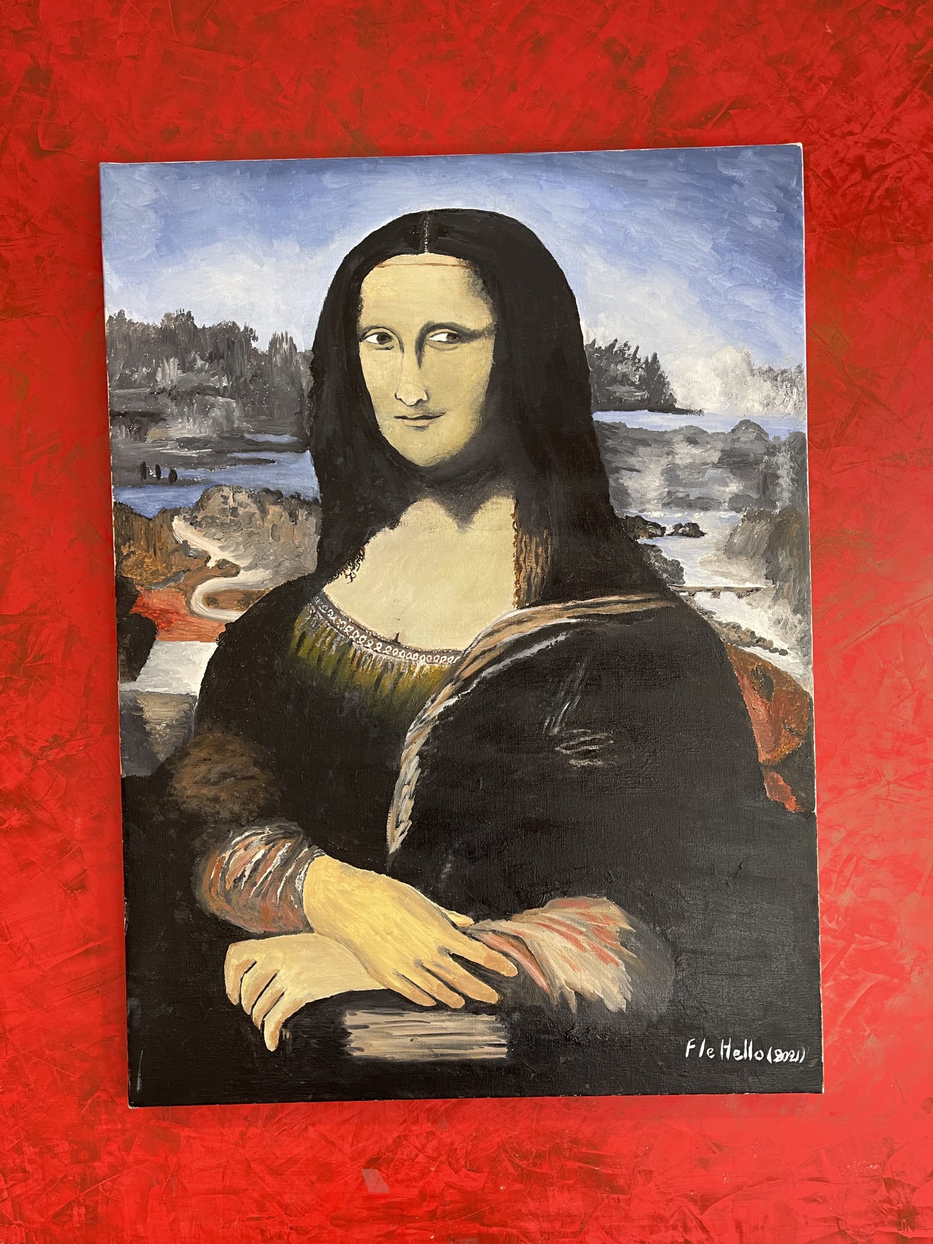 Reproduction fidèle de la Joconde exposée au restaurant Mona Lisa à Villiers-sur-Marne dans le Val-de-Marne (94), capturant le regard mystérieux et le sourire énigmatique de l'œuvre originale de Léonard de Vinci. Cette pièce artistique classique ajoute une touche de renaissance italienne et d'élégance historique à l'atmosphère du restaurant.
